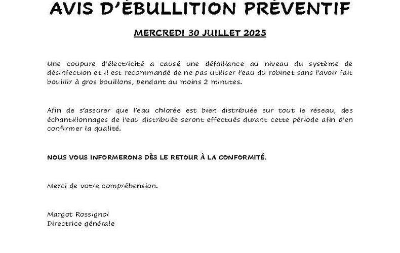 Avis d'ébullition 30 juillet 2025